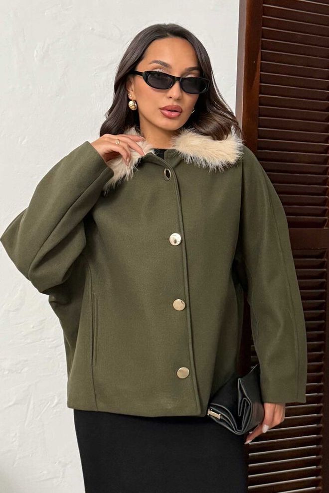 Topshow Yeşil Tek Düğmeli Oversize Kaban Klasik Yakalı Toptan Giyim Tesettür