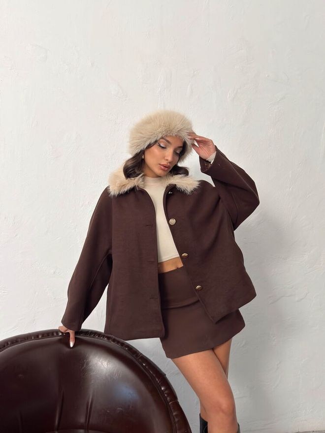 Topshow Кафяв Елегантен Едноредов Палто С Ръкави Долман Дрехи на едро Свободно време