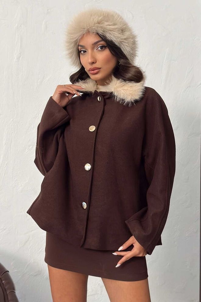 Topshow Kahverengi Zarif Tek Düğmeli Kaban Dolman Kollu Toptan Giyim Tesettür