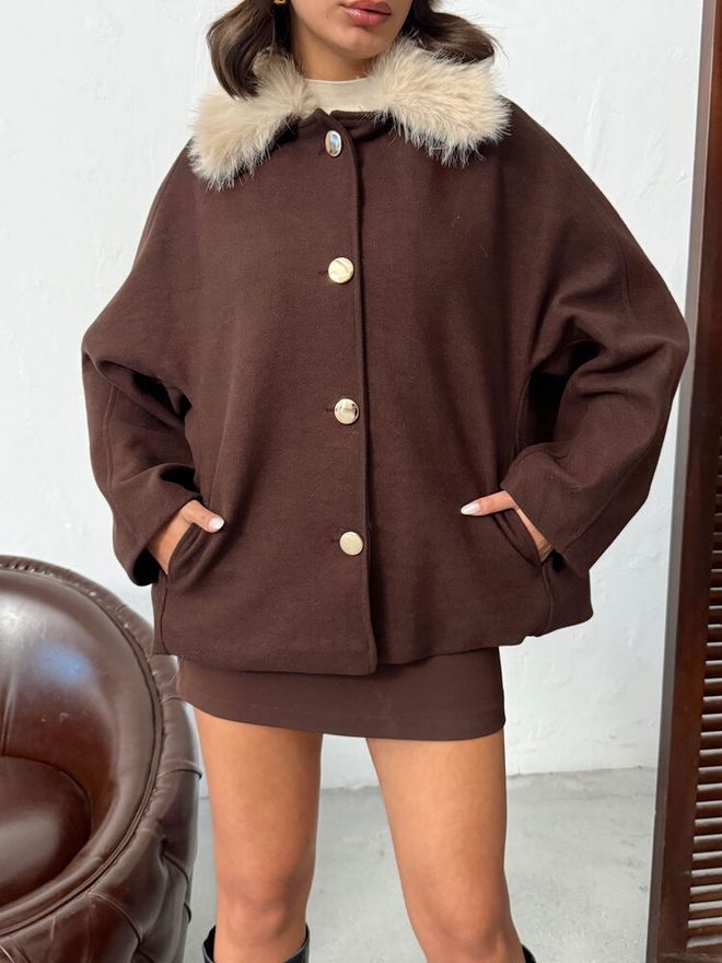 Topshow Кафяв Елегантен Едноредов Палто С Ръкави Долман Дрехи на едро Есен