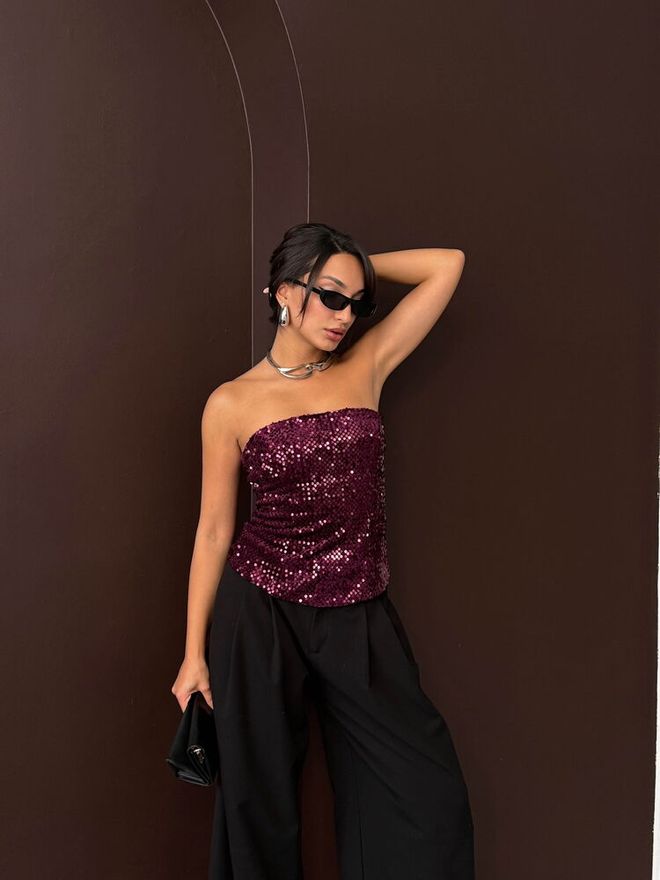 Topshow Блуза Бордо Глем С Пайети Без Ръкави Дрехи на едро Коледа