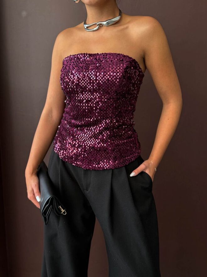 Topshow Блуза Бордо Глем С Пайети Без Ръкави Дрехи на едро Пролет