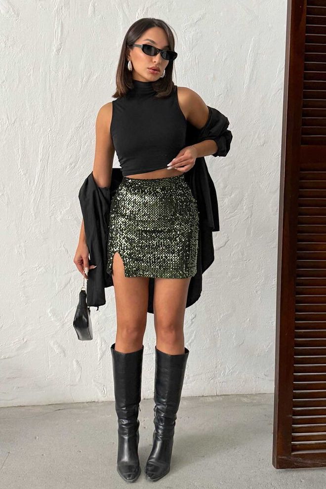 Topshow Juodas Blizgantis Bodycon Mini Sijonas Su Aukšta Juosmeniu Didmeninė prekyba drabužiais Kokteilinė