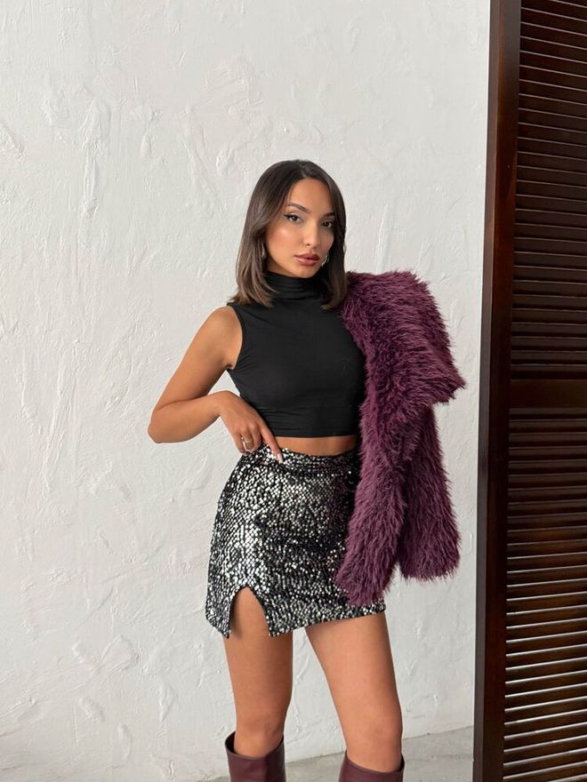 Topshow Fustă Mini Neagră Bodycon Cu Paiete Și Talie Înaltă Îmbrăcăminte cu ridicata Zi de naștere