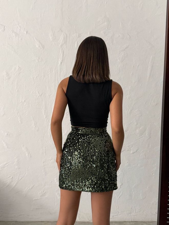 Topshow Fustă Mini Neagră Bodycon Cu Paiete Și Talie Înaltă Îmbrăcăminte cu ridicata Sexy