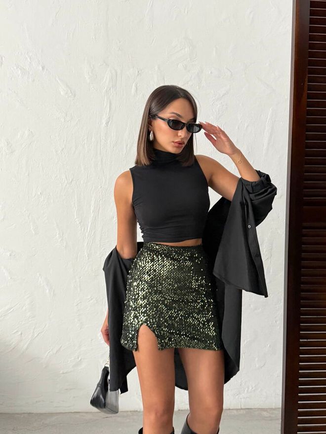 Topshow Fustă Mini Neagră Bodycon Cu Paiete Și Talie Înaltă Îmbrăcăminte cu ridicata 1