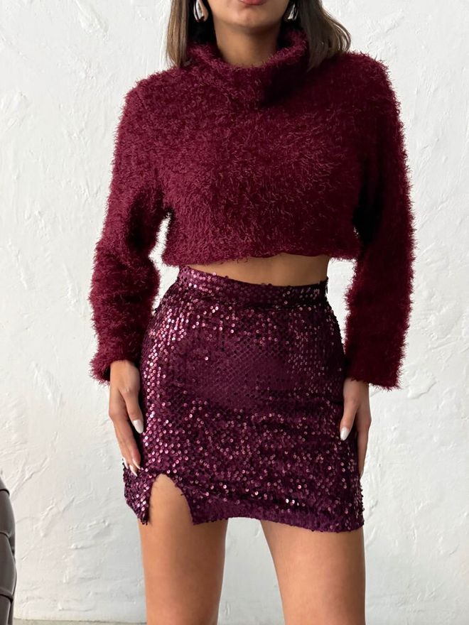 Topshow Roșu Bordo Paiete Mini Bodycon Fustă Talie Înaltă Îmbrăcăminte cu ridicata Toamnă