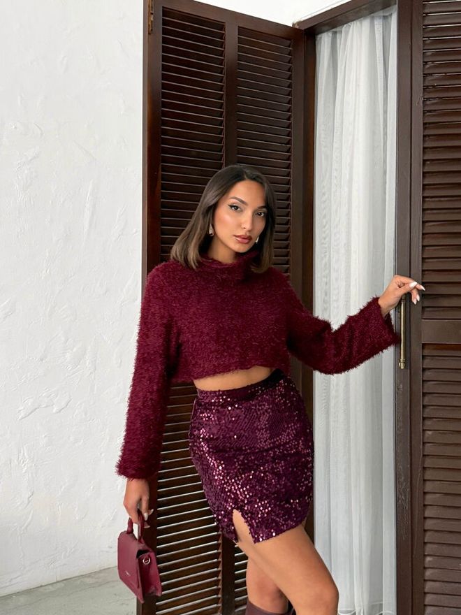 Topshow Roșu Bordo Paiete Mini Bodycon Fustă Talie Înaltă Îmbrăcăminte cu ridicata 1