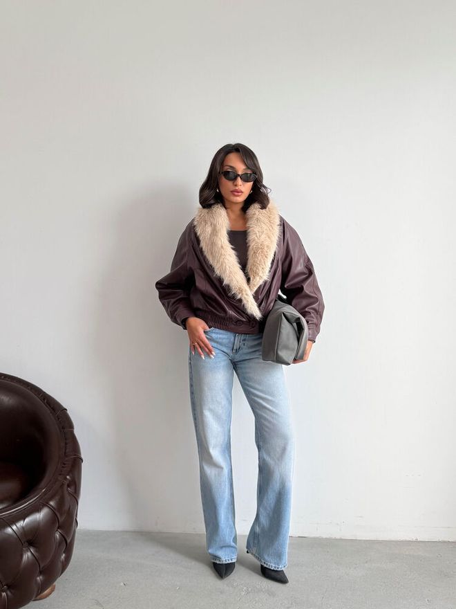 Topshow Brown Vintage Bomber Jacket With Notched Collar Wholesale Clothing 1