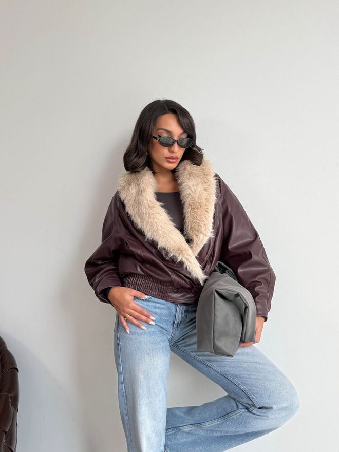 Topshow Brown Vintage Bomber Jacket With Notched Collar Wholesale Clothing Work