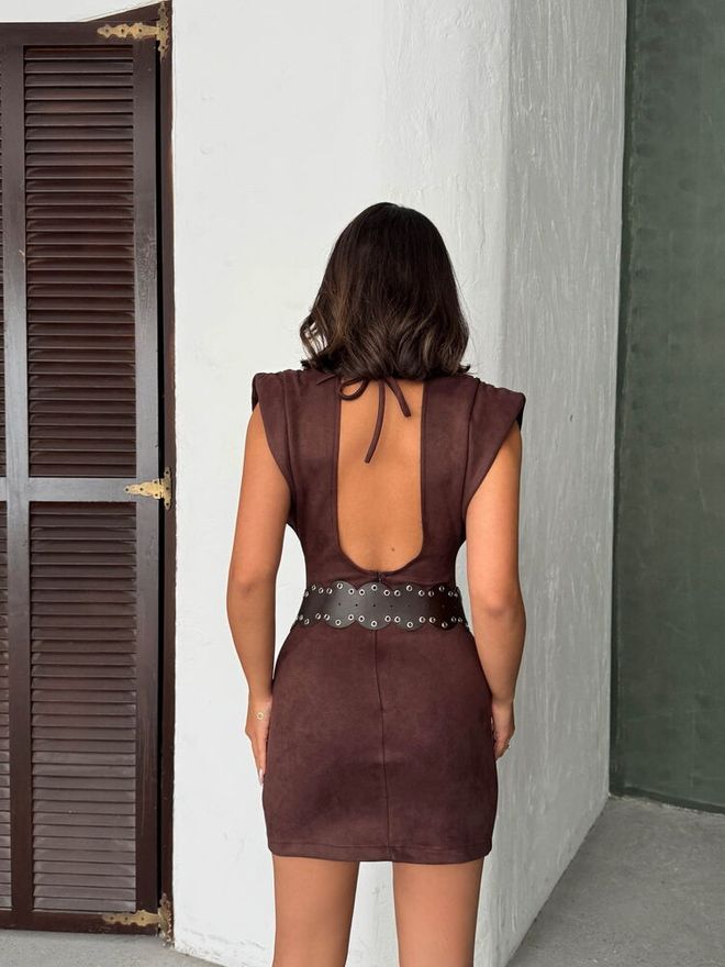 Topshow Vestido Mini Bodycon Sexy Marrón Con Mangas Abullonadas Ropa al por mayor Sexy