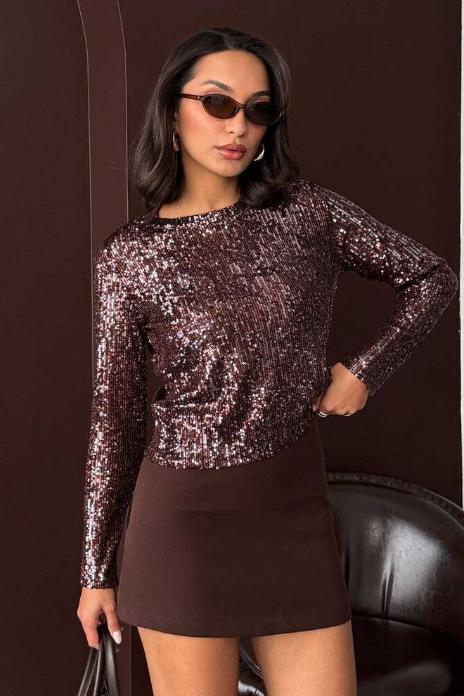 Topshow Καφέ Glam Μπλούζα Με Sequined Και Μακρύ Μανίκι Χονδρικό εμπόριο ενδυμάτων Σοδειά