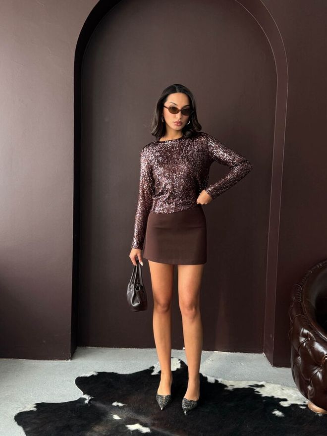 Topshow Brown Glamorous Sequined Blouse With Long Sleeves Wholesale Clothing 1