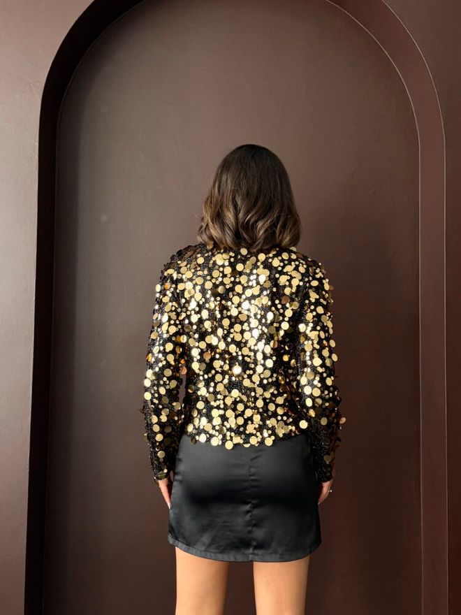 Topshow Black Glam Fitted Sequined Blouse Long Straight Sleeve Round Neck Regular Length Wholesale Clothing Formal