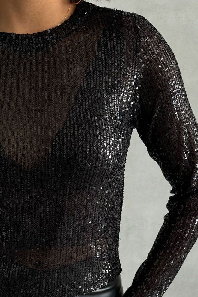 Topshow Black Sequined Glam Blouse With Long Sleeves Wholesale Clothing Spring
