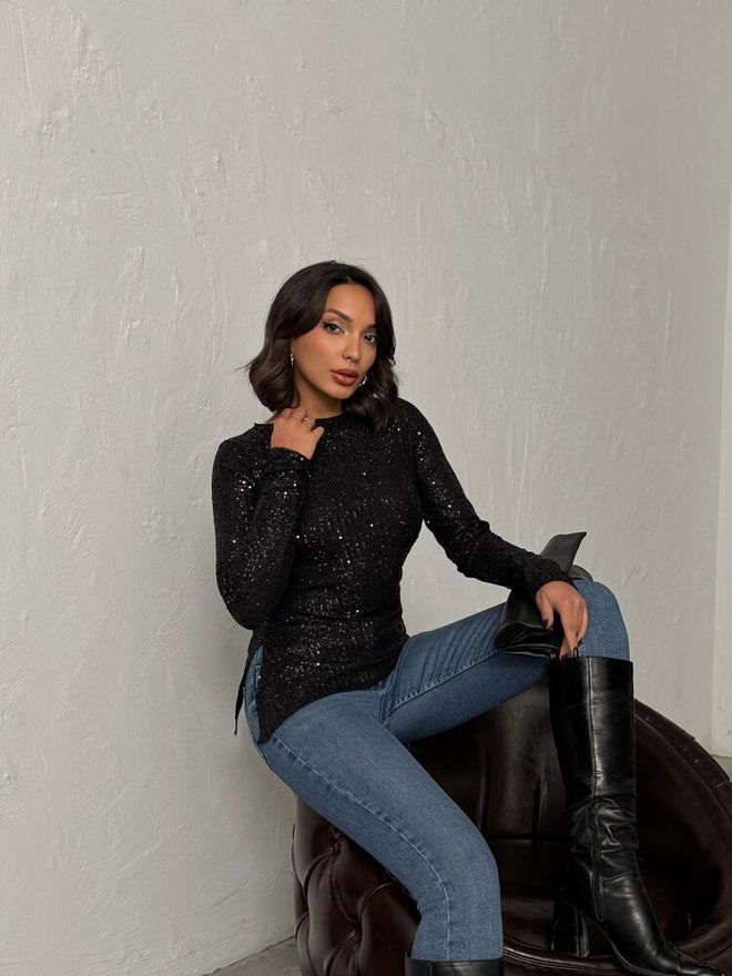 Topshow Bluză Neagră Cu Paiete Croială Cambrată Și Mâneci Lungi Îmbrăcăminte cu ridicata 1