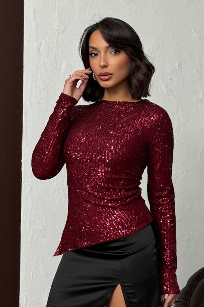 Topshow Işıltılı Bordo Payetli Bluz Toptan Giyim Gündelik
