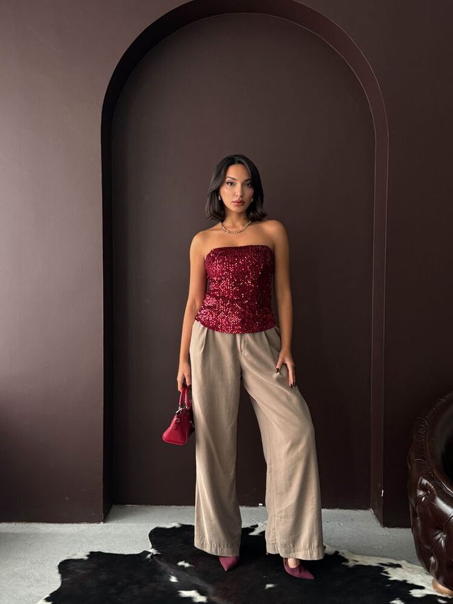 Topshow Bluză Roșu Bordo Paiete Fără Bretele Croială Ajustată Glam Sexy Formal Elegant Îmbrăcăminte cu ridicata Zi de naștere