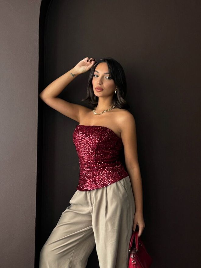Topshow Bluză Roșu Bordo Paiete Fără Bretele Croială Ajustată Glam Sexy Formal Elegant Îmbrăcăminte cu ridicata 1