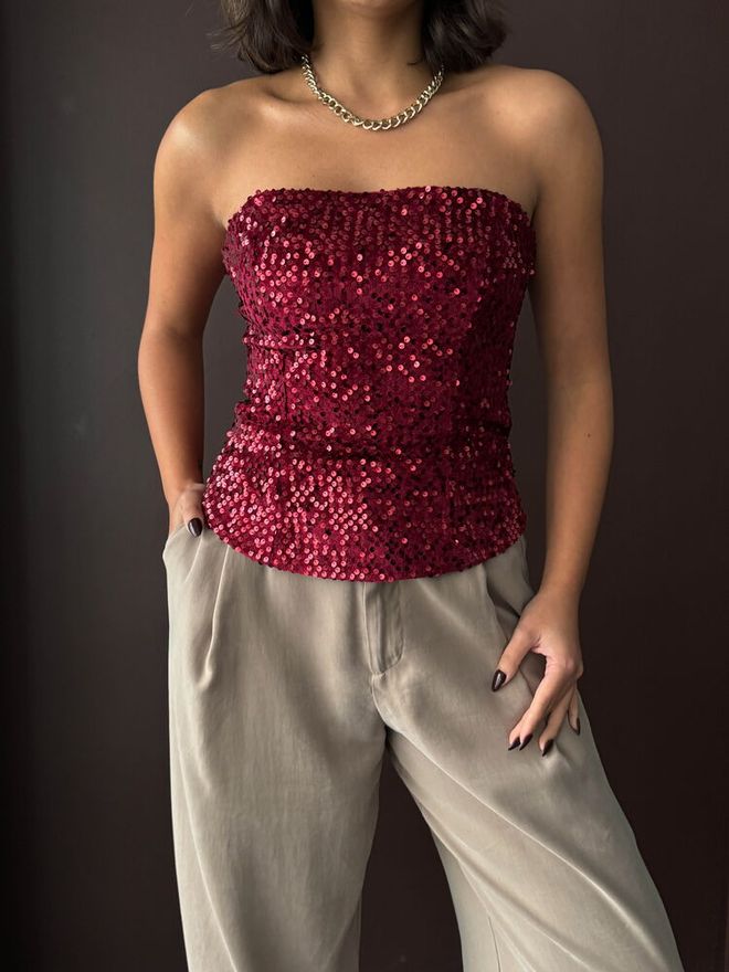 Topshow Bluză Roșu Bordo Paiete Fără Bretele Croială Ajustată Glam Sexy Formal Elegant Îmbrăcăminte cu ridicata Primăvară