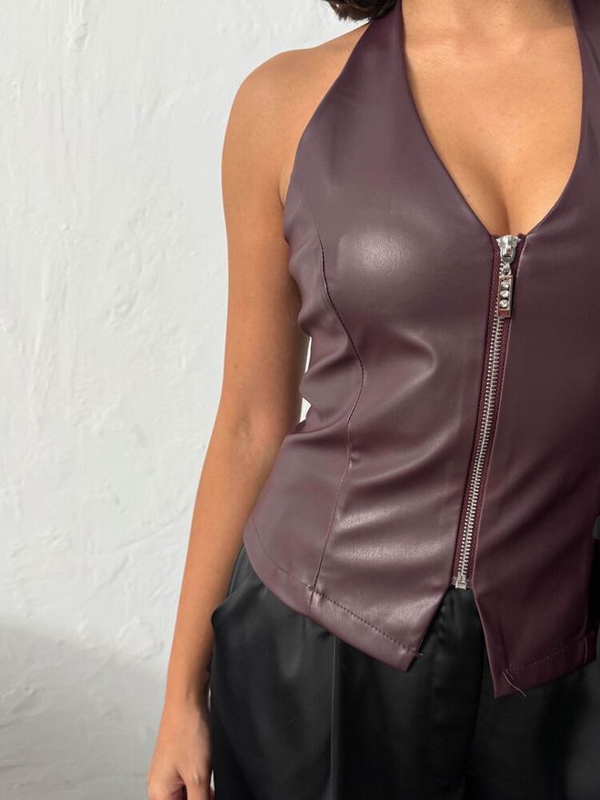 Topshow Claret Red Fitted Zip Up Vest Wholesale Clothing Spring