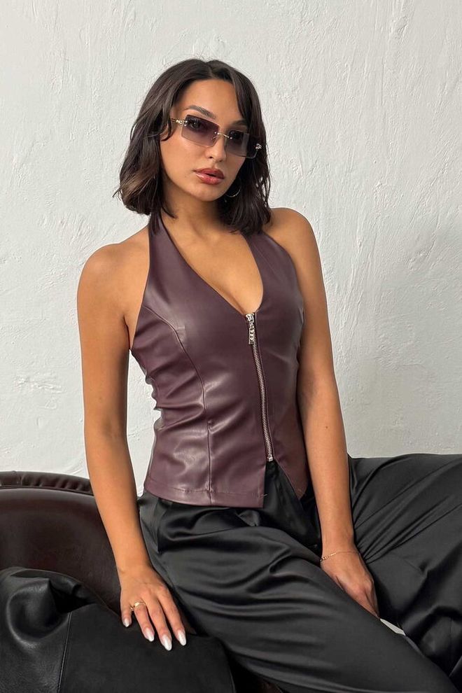 Topshow Taillierte Bordeauxrot Weste Mit Reißverschluss Großhandelskleidung Jahrgang