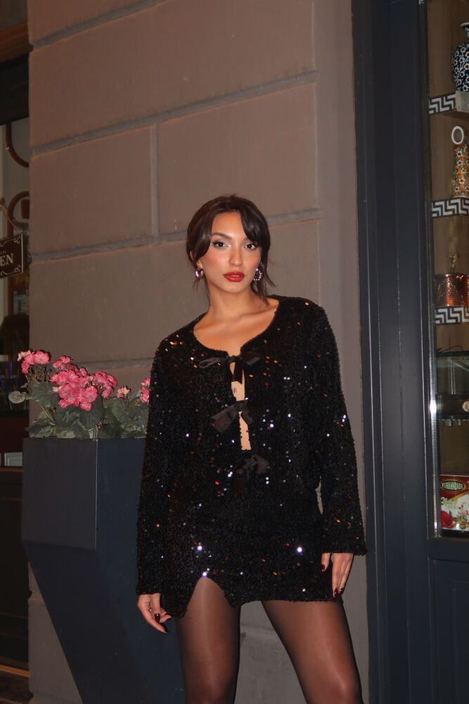 Topshow Black Glam Single Breasted Sequined Jacket Wholesale Clothing Birthday