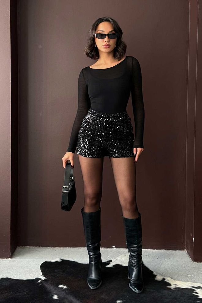 Topshow Pantaloni Scurți Bermuda Negri Cu Paiete Și Talie Înaltă Îmbrăcăminte cu ridicata Casual