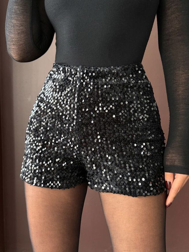 Topshow Black Sequined High Waist Bermuda Shorts Wholesale Clothing Spring