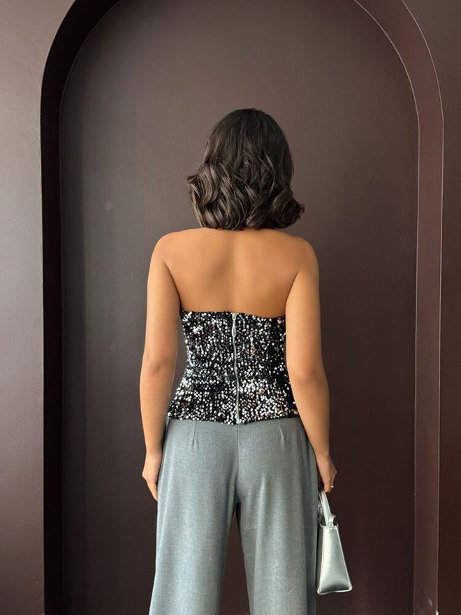 Topshow Black Sequined Sleeveless Fitted Blouse Wholesale Clothing Sexy