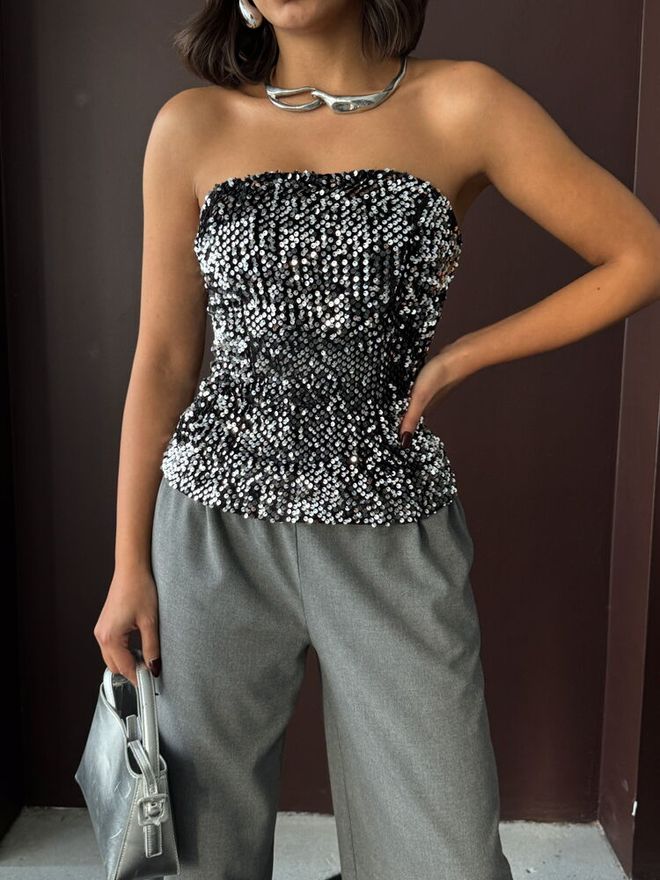 Topshow Black Sequined Sleeveless Fitted Blouse Wholesale Clothing Spring