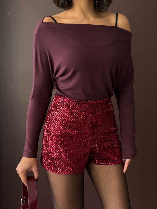 Topshow Μπορντό Glam Βερμούδες Ψηλόμεσο Sequined Χωρίς Τσέπη Pull On Χονδρικό εμπόριο ενδυμάτων Άνοιξη