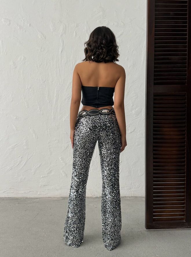 Topshow Crne Glamurozne Šljokičaste Zvonolike Hlače Bootcut Veleprodaja odjeće Sexy