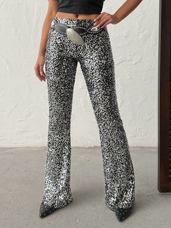 Topshow Crne Glamurozne Šljokičaste Zvonolike Hlače Bootcut Veleprodaja odjeće Proljeće