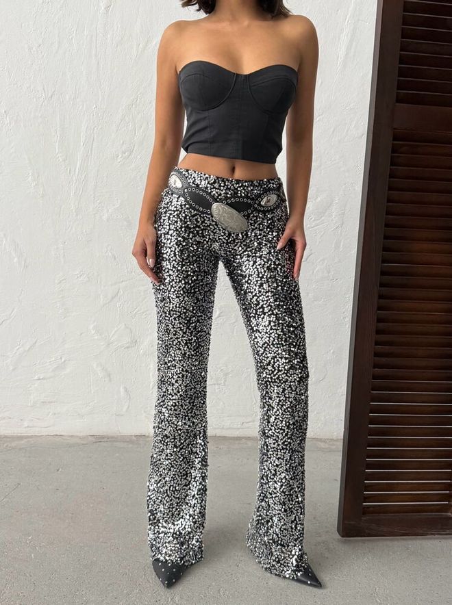 Topshow Crne Glamurozne Šljokičaste Zvonolike Hlače Bootcut Veleprodaja odjeće Rođendan