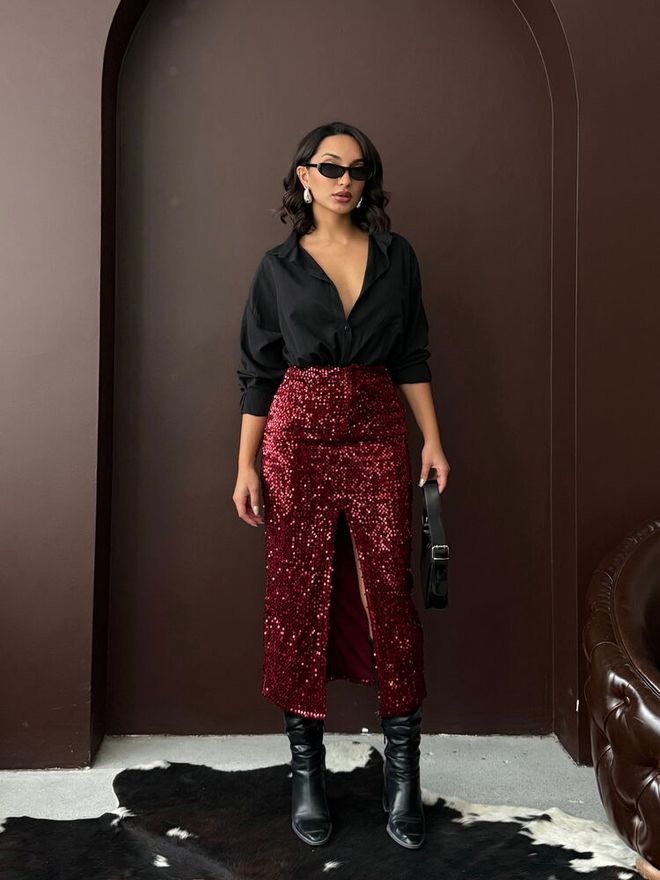 Topshow Claret Red Sequined Pencil Skirt High Waist Midi Wholesale Clothing 1