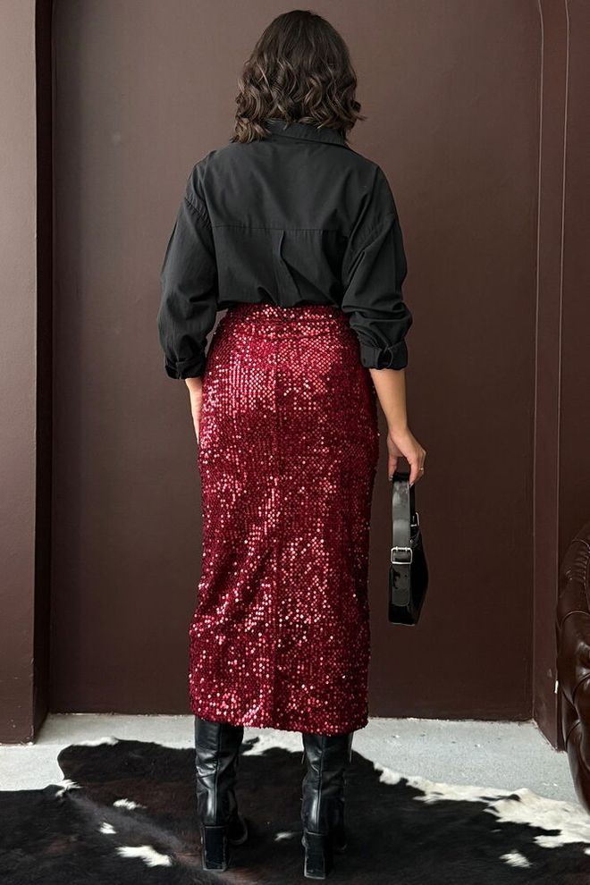 Topshow Claret Red Sequined Pencil Skirt High Waist Midi Wholesale Clothing Cocktail