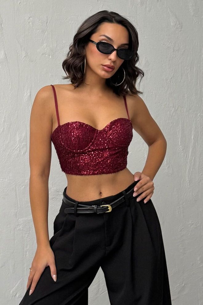 Topshow Блуза Бордо С Пайети Вталена Без Ръкави Дрехи на едро Небрежен