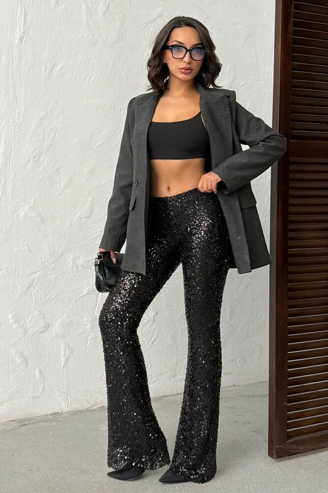 Topshow Μαύρο Παντελόνι Με Στρας Bootcut Χονδρικό εμπόριο ενδυμάτων Σέξι