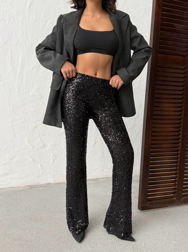 Topshow Crne Hlače Sa Šljokicama Trapez Veleprodaja odjeće Proljeće