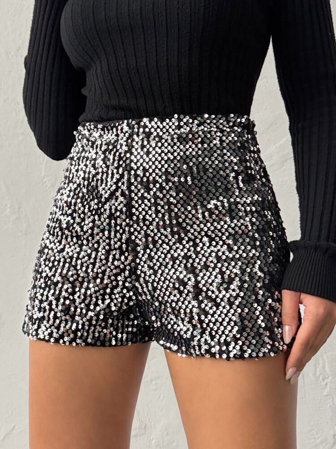 Topshow Black Glam Sequined Paper Bag Shorts With High Waist And Buckle Wholesale Clothing Spring