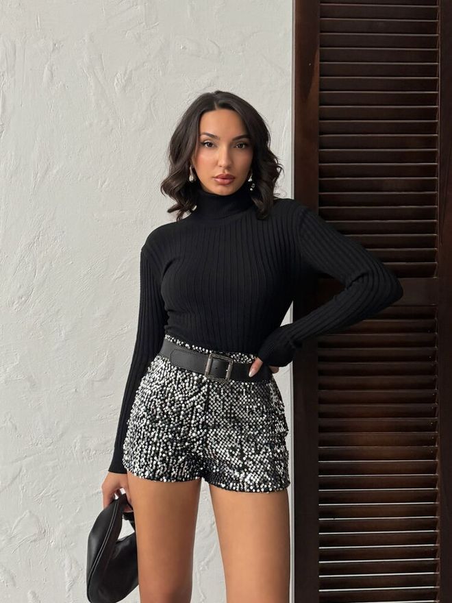 Topshow Black Glam Sequined Paper Bag Shorts With High Waist And Buckle Wholesale Clothing 1