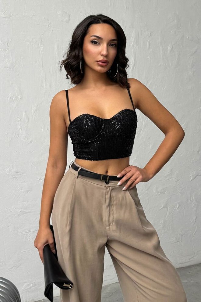 Topshow Черна Секси Глем Вталена Къса Блуза С Пайети Дрехи на едро Небрежен