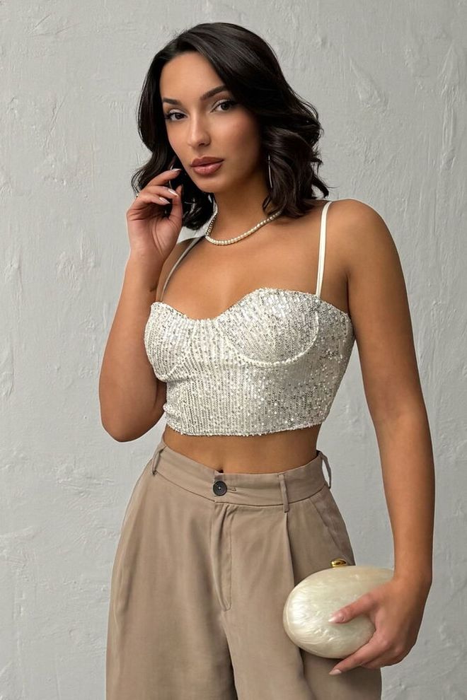 Topshow Blusa Branca Com Lantejoulas Justa Crop Pescoço Querido Roupas por atacado Casual