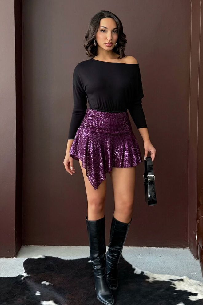 Topshow Ljubičasta Seksi Glamurozan Formalni Elegantan Mini Suknja Sa Šljokicama Visoki Struk Veleprodaja odjeće Sexy