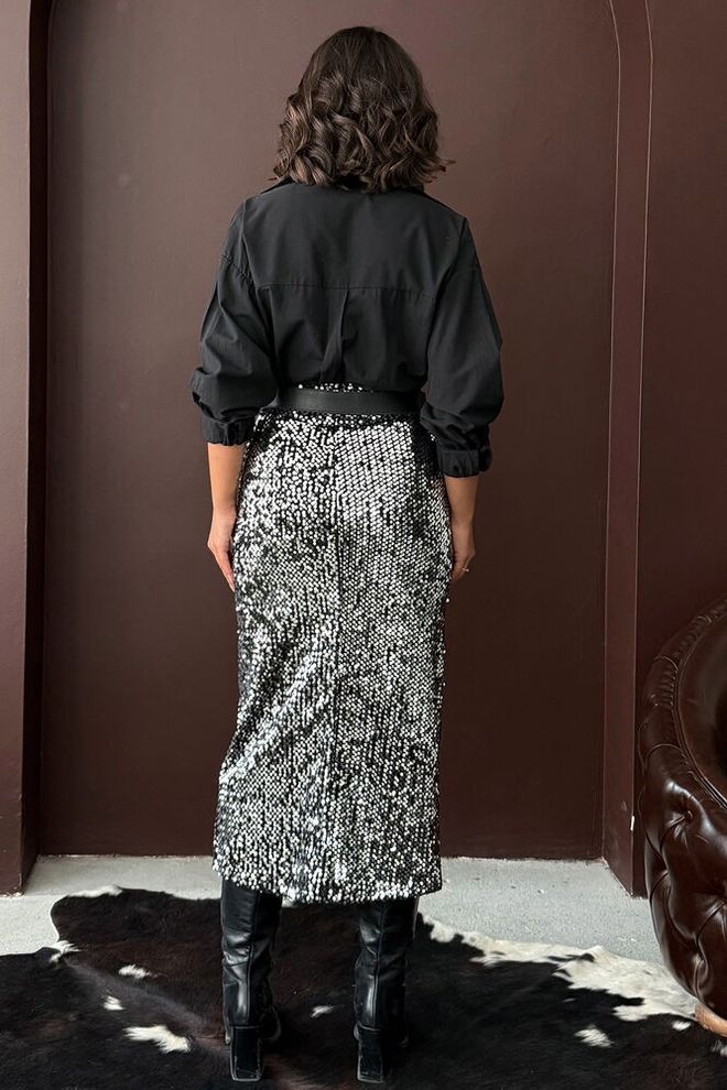 Topshow Black Sequined Glam Midi Slit Skirt Wholesale Clothing Birthday