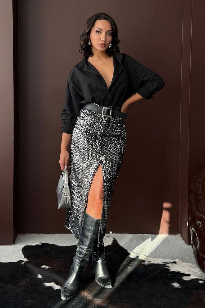 Topshow Crna Šljokičasta Midi Suknja S Prorezom Glamurozna Visokog Struka Patentni Zatvarač Veleprodaja odjeće Sexy