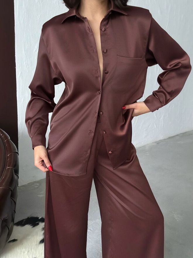 Topshow Brown Elegant Buttoned V Neck Shirt Wholesale Clothing Spring