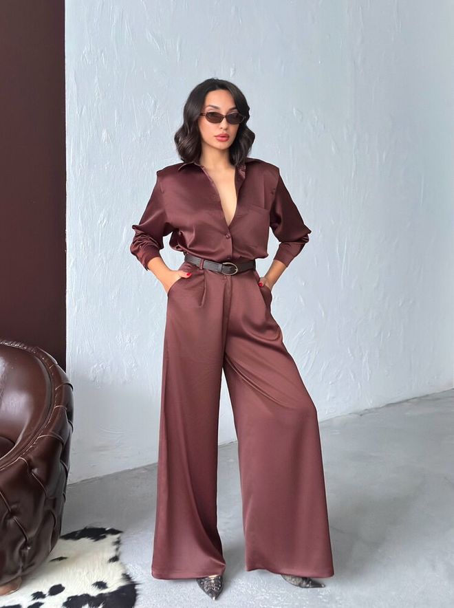 Topshow Brown Elegant Buttoned V Neck Shirt Wholesale Clothing 1