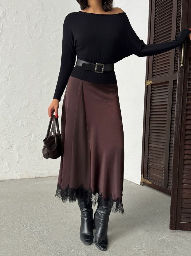 Topshow Юбка Коричневая Элегантная Формальная Винтаж Гламур Скромный Ретро А силуэт Макси Высокая Талия Натягивать Простой Оптовая продажа одежды Работа